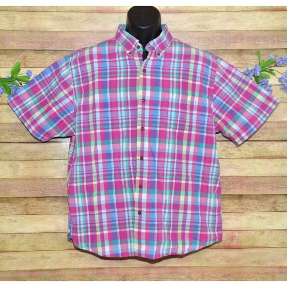 Lands' End Mens Button Down Shirt XL Pastel Plaid Short Sleeve Cotton Preppy - Picture 1 of 9